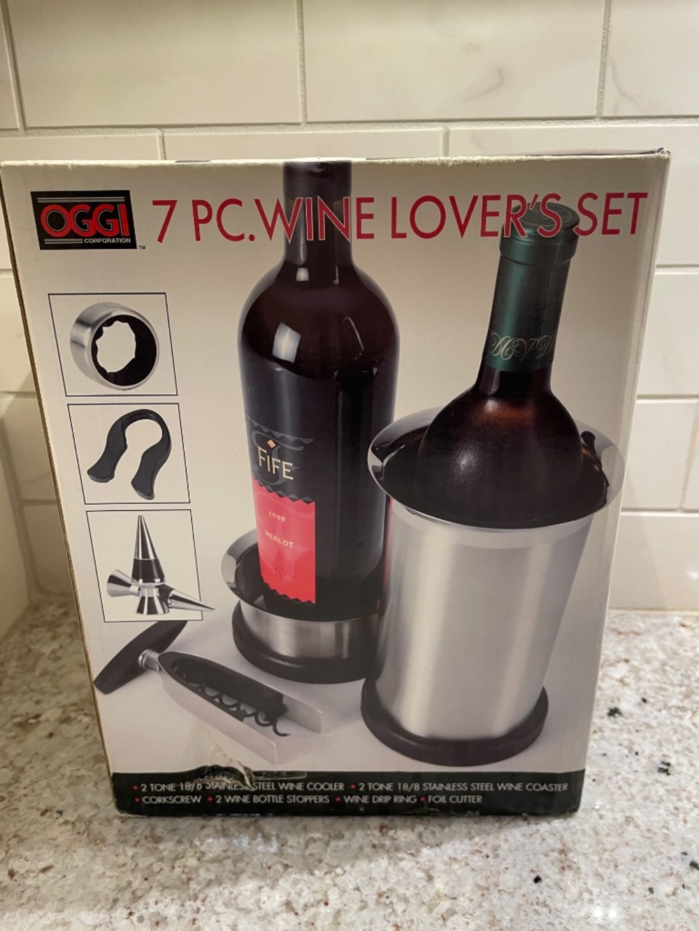 OGGI 7 Pc. Wine Lovers Set Barware- Wine Cooler, Corkscrew, Cutter, Bottle Stop